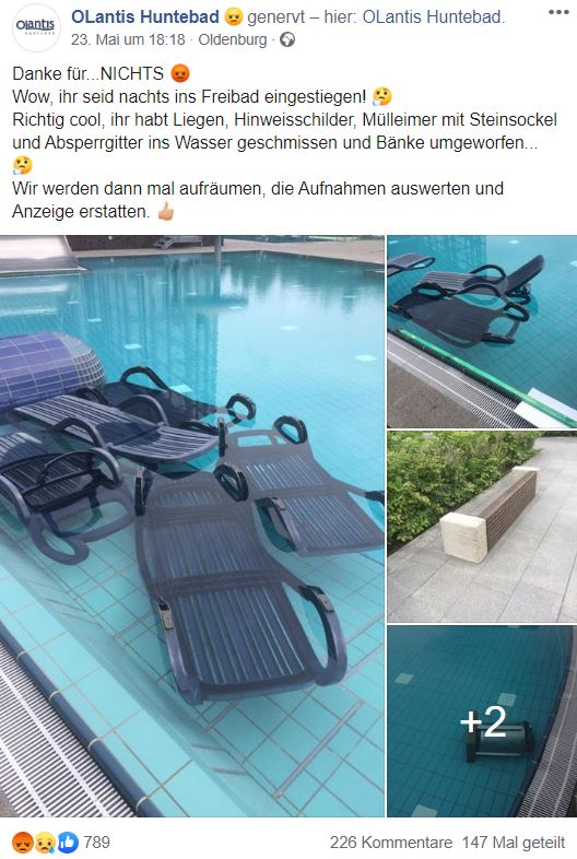 OLantis Huntebad Screenshot FB Liegen im Pool, Müllereimer demoliert, Bänke umgestoßen